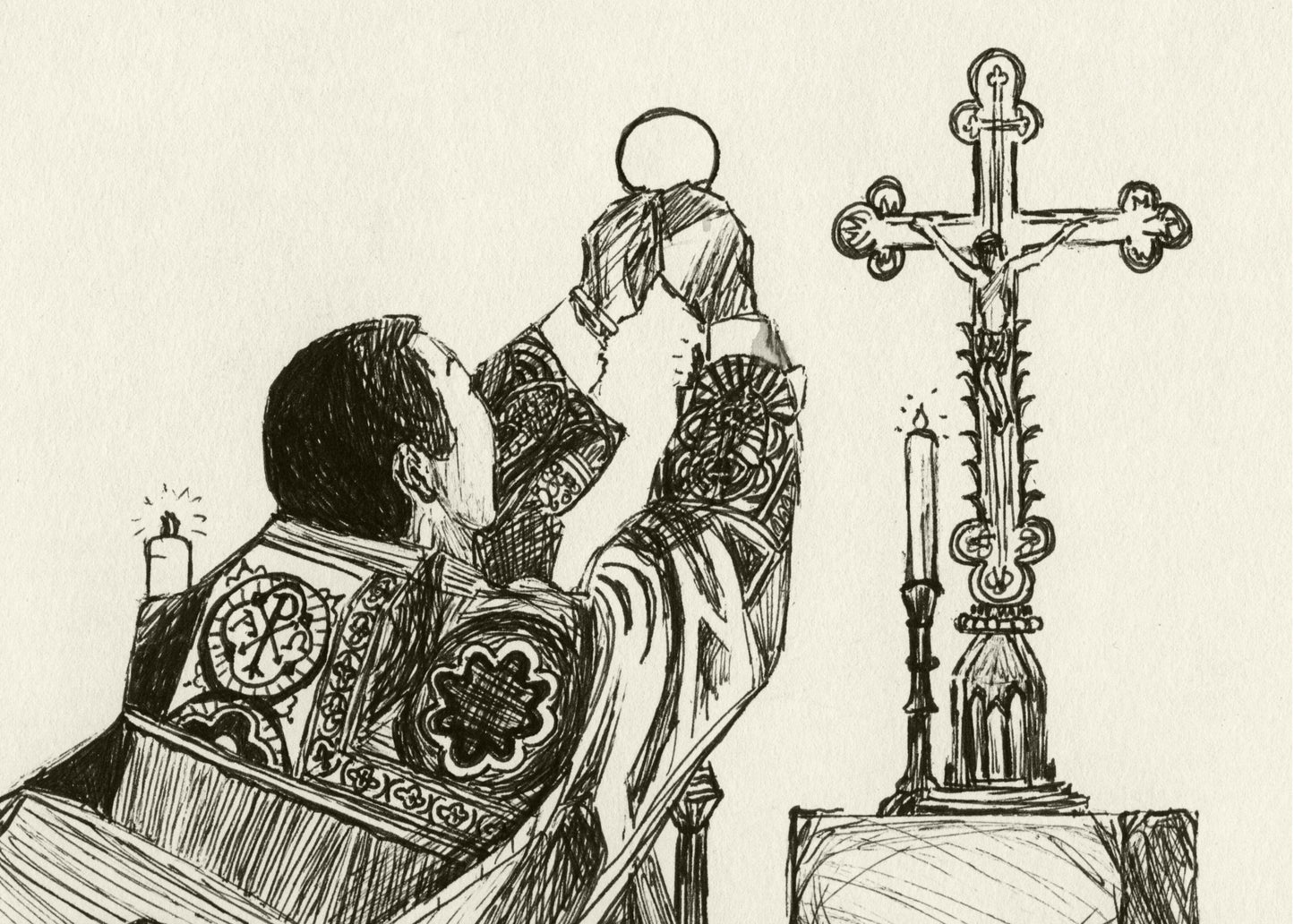 Illustration of a priest in liturgical vestments with a cross and candle in the background